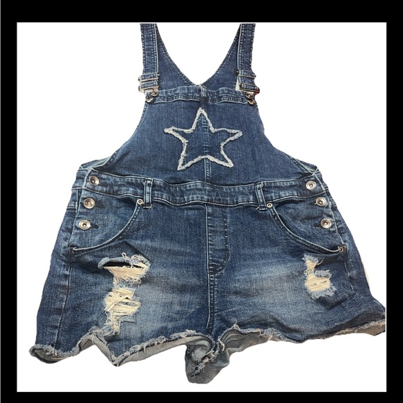 Blackheart Dark Blue Denim Bib Overall Shorts Rips Star Accent Size 13 Stretchy - Picture 3 of 16